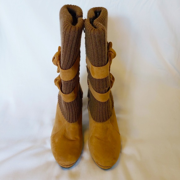 Brown and Tan Suede Winter Boots with Wedge Heel - Picture 3 of 6
